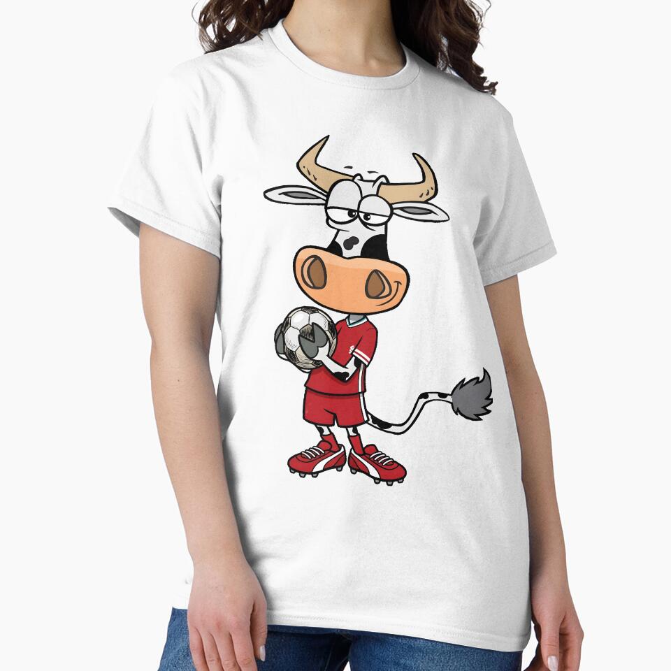 Funny Cartoon Cow Playing Soccer in Red Uniform by PholPol1959