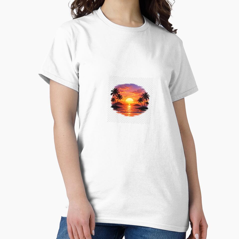 Tropical Sunset Paradise Silhouette Beach Design by Designvexo