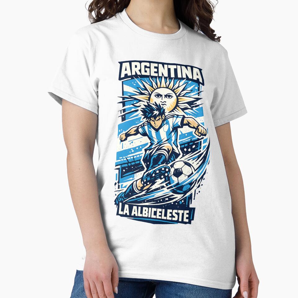 Argentina Soccer Anime Design – La Albiceleste Street Football Art – Dynamic Striker Graphic Tee by JonelCrafts