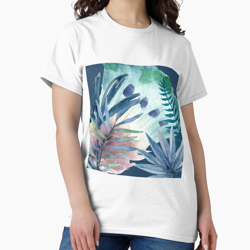 Tropical Green and Blue Leaves with Feather Fan on Dark Blue Background (1of3) by DzineVine