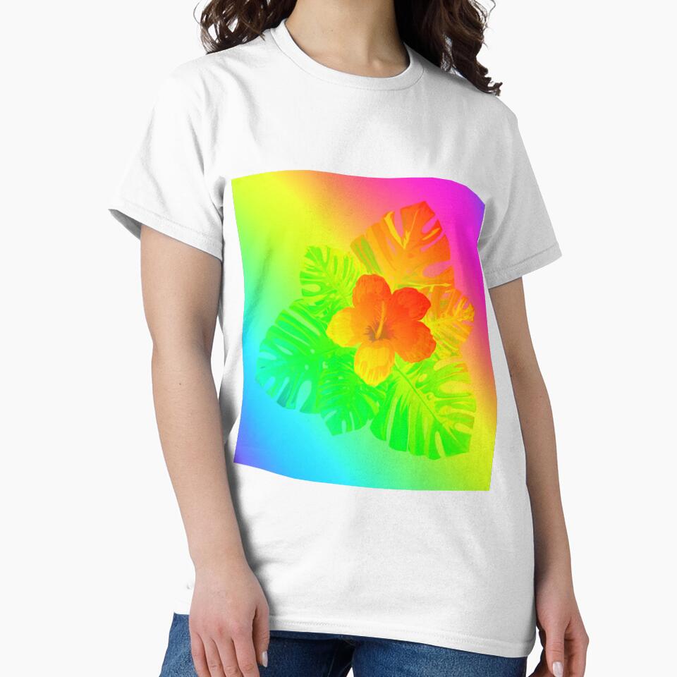 Tropical Rainbow Multicolor Hibiscus Leaves Orange Flower Green Leaves by hearthearts