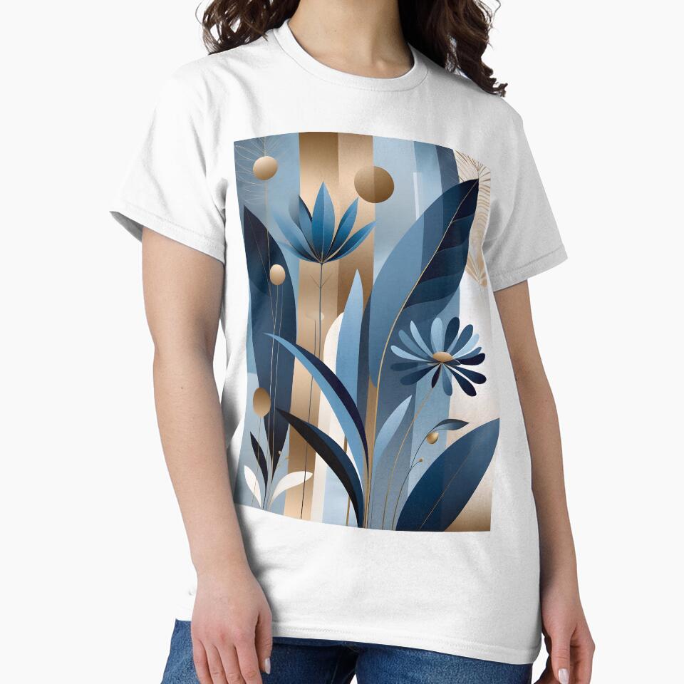 Mid Century Botanical Retro Geometric Leaves  Florals   Icy Blue, Gold by Prints and Lifestyle