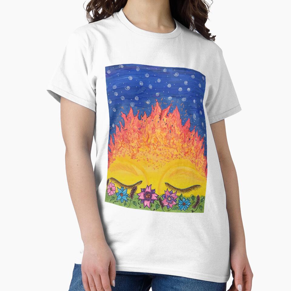 Whimsical Sun Illustration – Psychedelic Celestial Art with Flames & Flowers for Boho Decor by ColorAndChaos