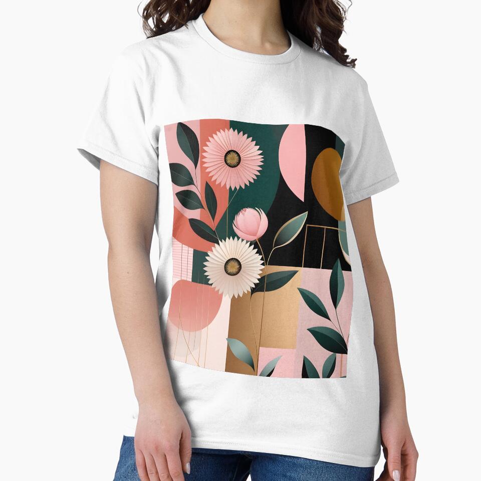 Mid Century Botanical Retro Geometric Leaves  Florals Pink, Green by Prints and Lifestyle