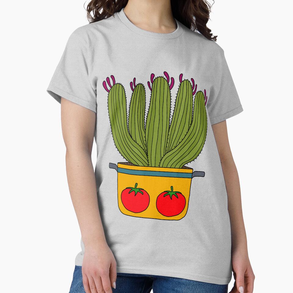 Cute Cactus Design #156: Saguaro Cacti In A Pot With Tomato Design by DreamCactus