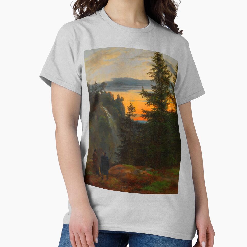 Sunset painting, Sunset Artwork, Two Men before a Waterfall at Sunset by danaJG