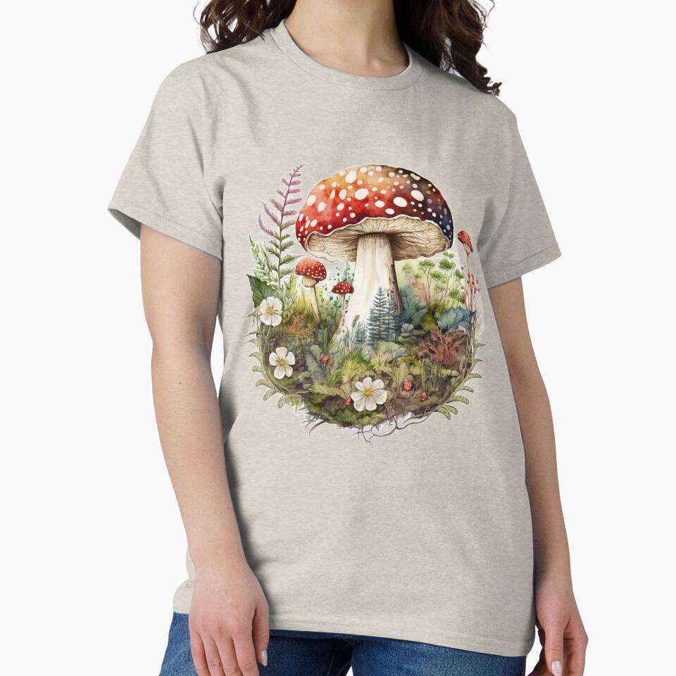 Watercolor Amanita Muscaria Red Mushroom with Wildflowers by Brainless Art