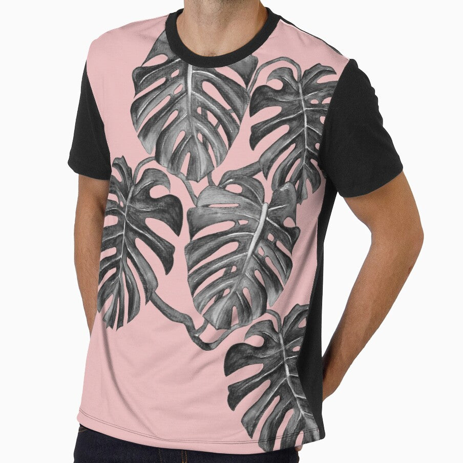 Monstera Deliciosa, swiss chess plant, Monochrome on pink, palm by Sarah Marsh