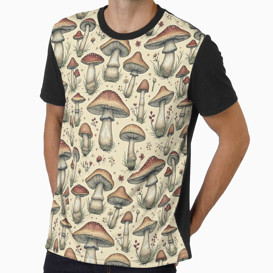 Botanical Pattern of Mushrooms in Brown and Beige by Marymarice