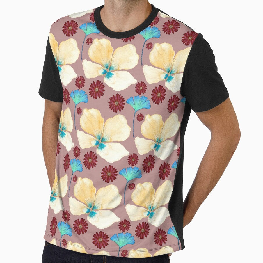 botanical pattern yellow flower and gingko leaf in rosy brown by AnnaBaldon