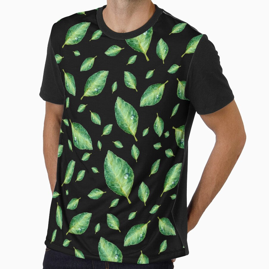 Green leaf with drop a seamless pattern black by Yana Mustafina | Boho Soulful Designs