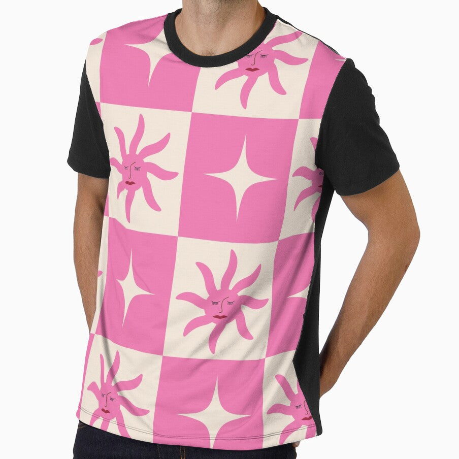 Checkered pink boho sun and stars pattern by Yasminepatterns