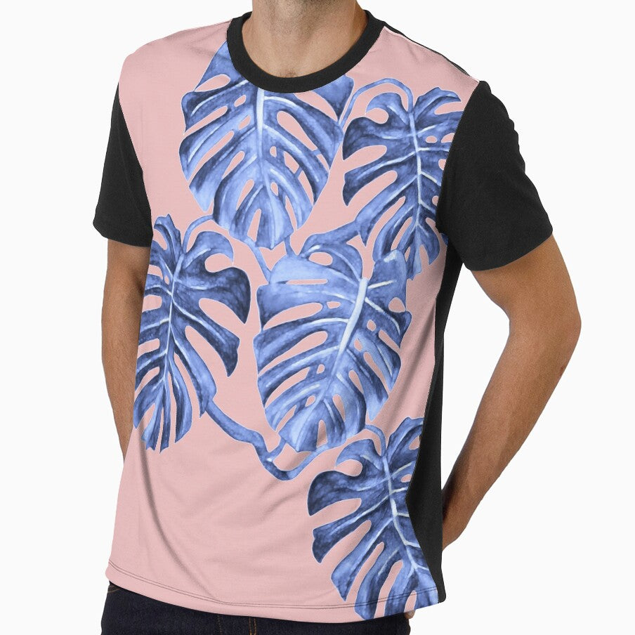 Monstera Deliciosa, swiss chess plant, blue on pink, palm by Sarah Marsh