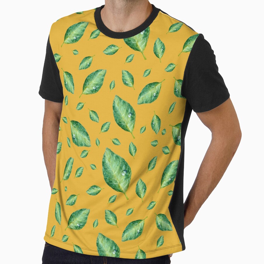Green leaf with drop a seamless pattern yellow by Yana Mustafina | Boho Soulful Designs
