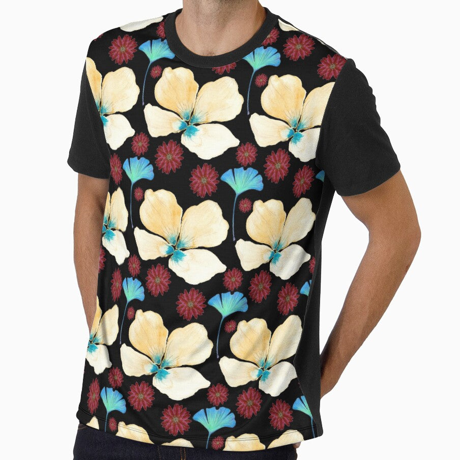 black botanical pattern yellow flower and gingko leaf by AnnaBaldon