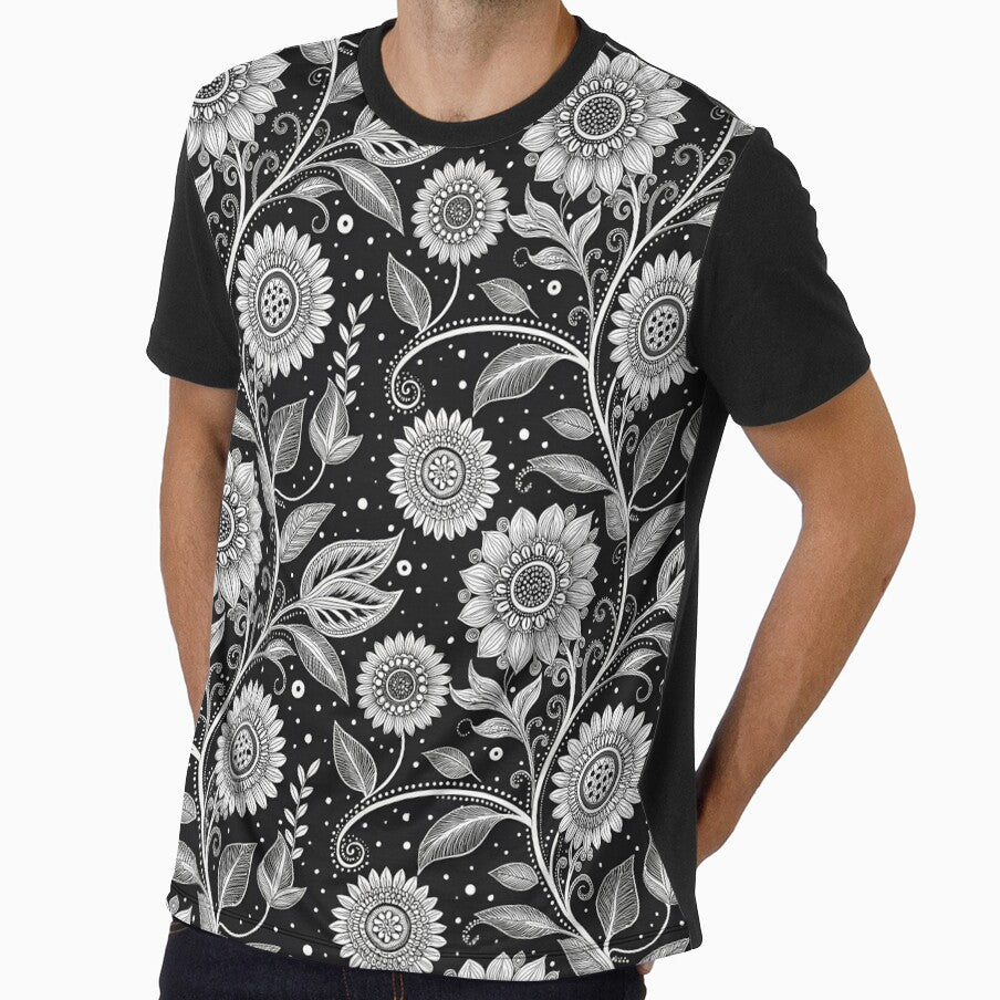 Seamless black and white floral pattern with hand drawn flowers and leaves by KlarkiteTees