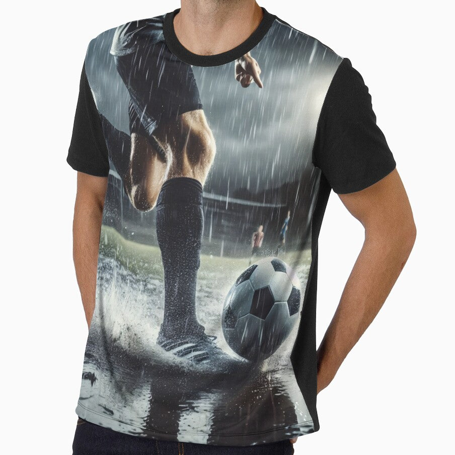 Soccer player prepares to kick ball on rain-soaked field, creating dramatic splash effect as water droplets illuminate the intense nighttime atmosphere by homydesign
