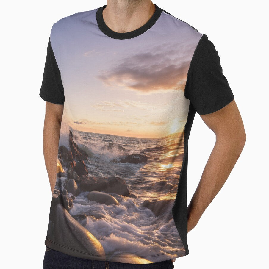 Golden Sunset Waves on Rocks – Serene Coastal Glow by EK-World