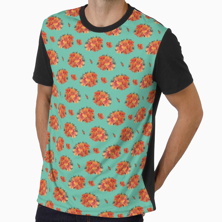 Orange vintage poppies on aqua by LittleBettyMakes
