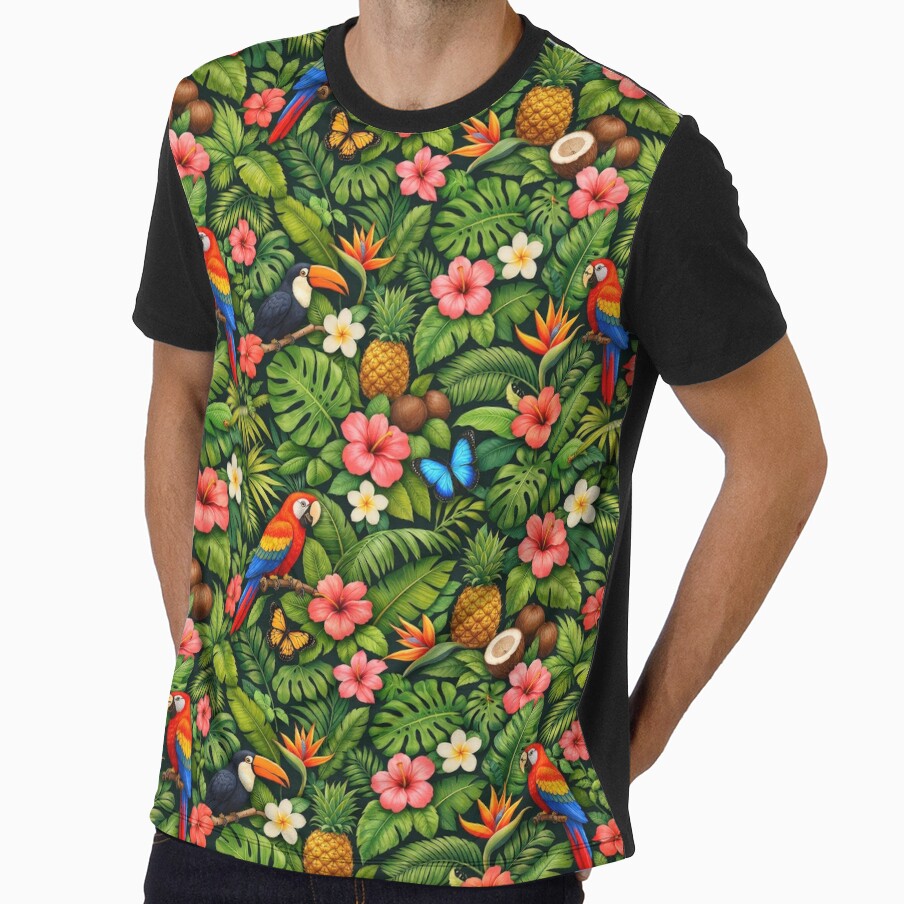 Tropical Jungle Illustration with Parrots and Flowers by juthamas8426