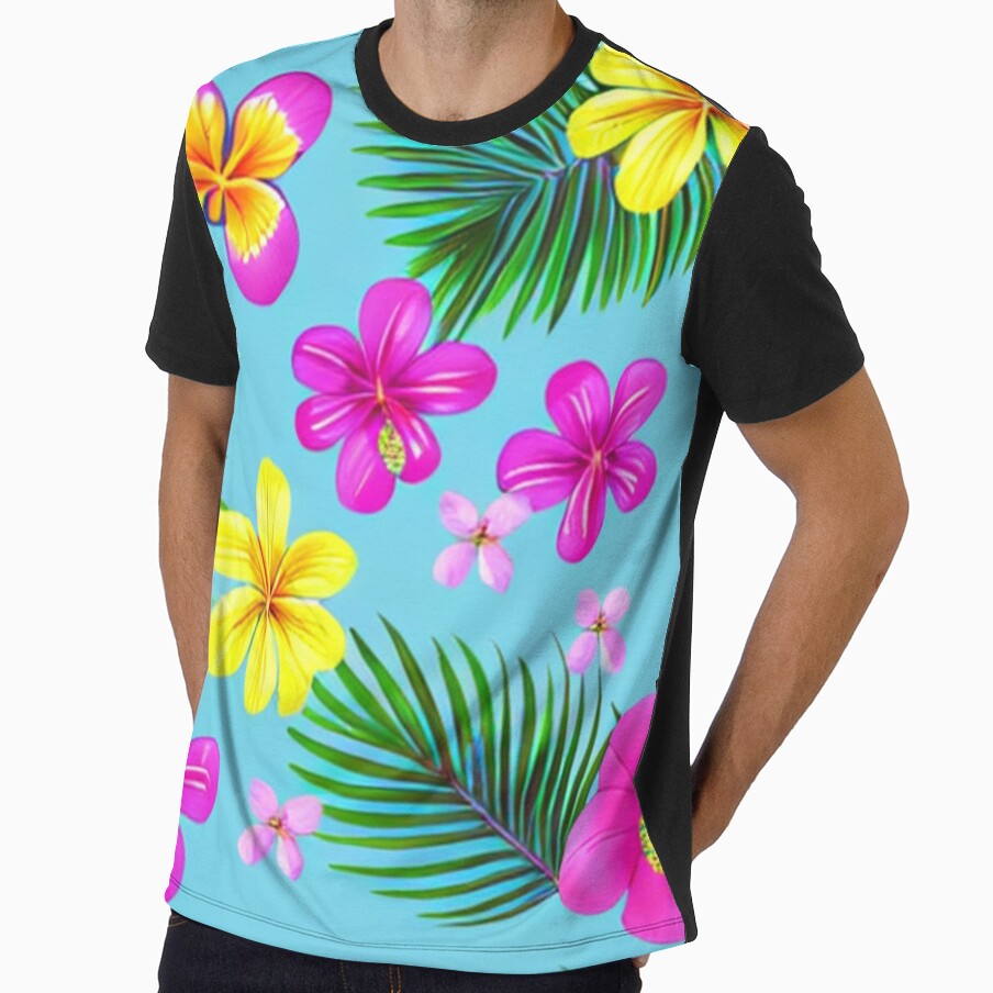 Pink and yellow tropical flowers on a light blue background by BirdsnStuff