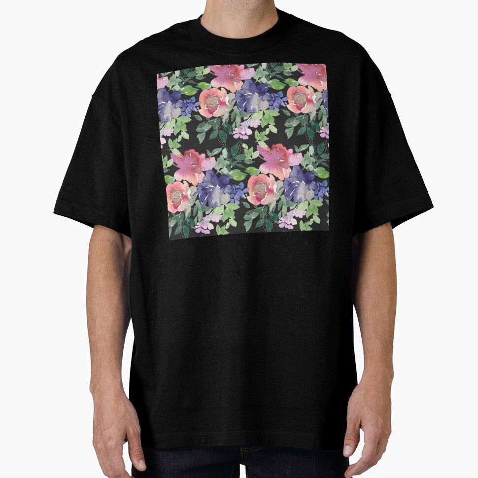 Red-Magenta And Blue Floral Pattern On Black by DEC02
