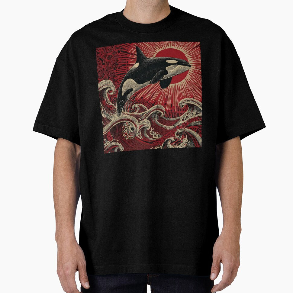 Orca Totem – Northwest Coast Ocean Art with Red Sun & Waves by Alaska Magick