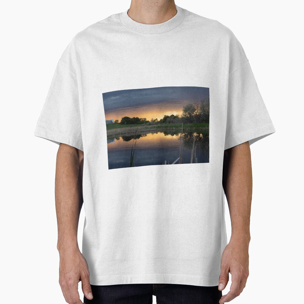 Landscape sunset reflection in a pond with farm by PTPhotoLLC