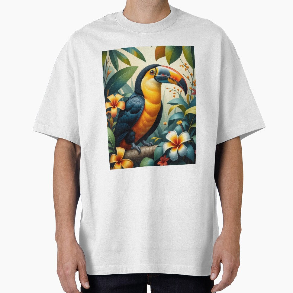 Tucan in the middle of Tropical Flowers and Leaves by FlosArtPrintShop