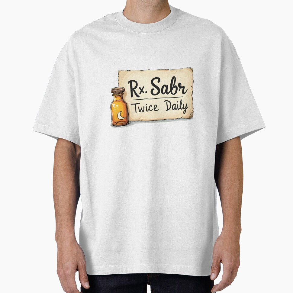 Rx Sabr Twice Daily Muslim T-Shirt | Minimal Arabic Prescription Islamic Streetwear Tee for Patience by Vajid Designs
