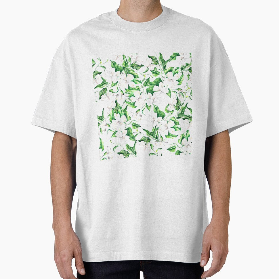 Delicate white flowers, botanical watercolour, green leaves, white flowers pattern, botanical pattern, greenery pattern, by tet-er