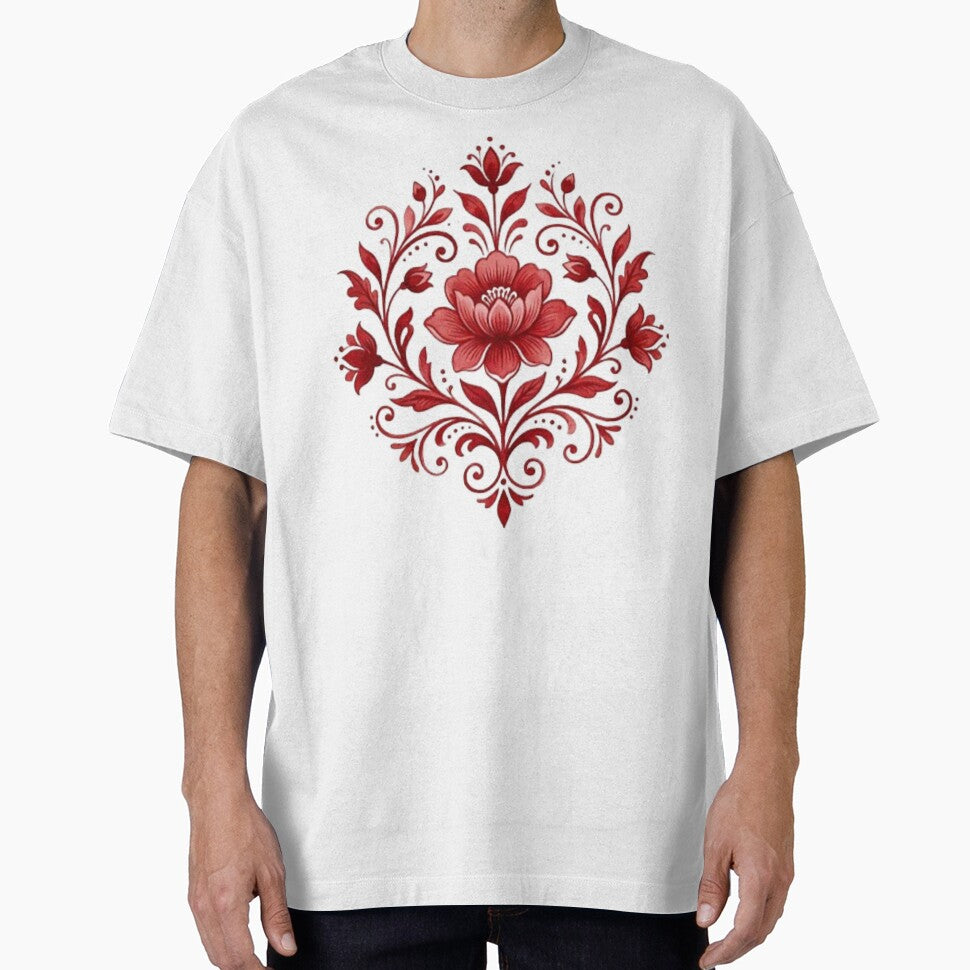 Red floral motif on white background by DoneAndDusted