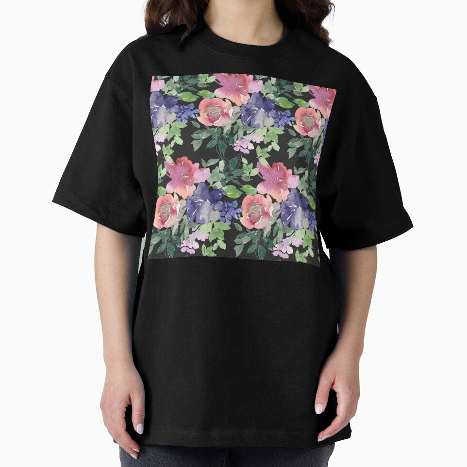 Red-Magenta And Blue Floral Pattern On Black by DEC02