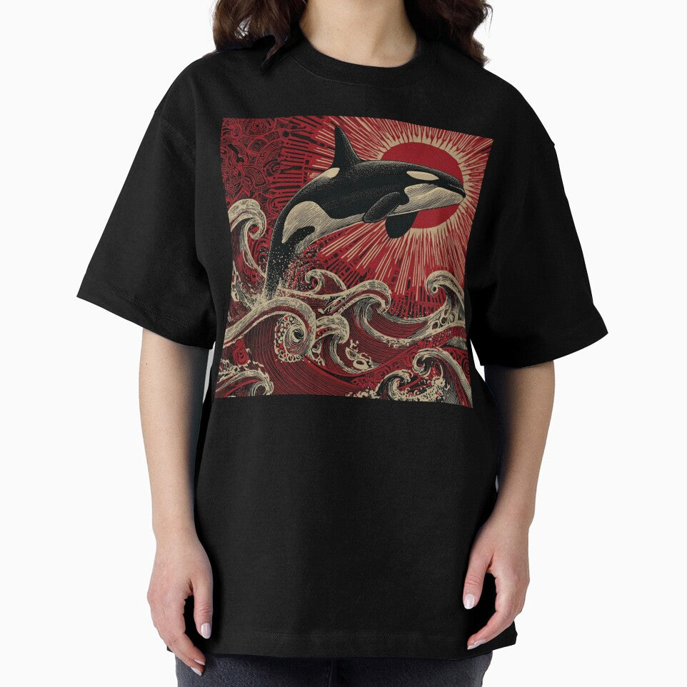 Orca Totem – Northwest Coast Ocean Art with Red Sun & Waves by Alaska Magick