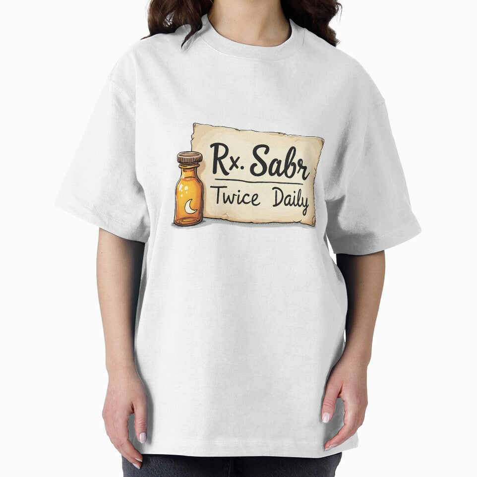 Rx Sabr Twice Daily Muslim T-Shirt | Minimal Arabic Prescription Islamic Streetwear Tee for Patience by Vajid Designs