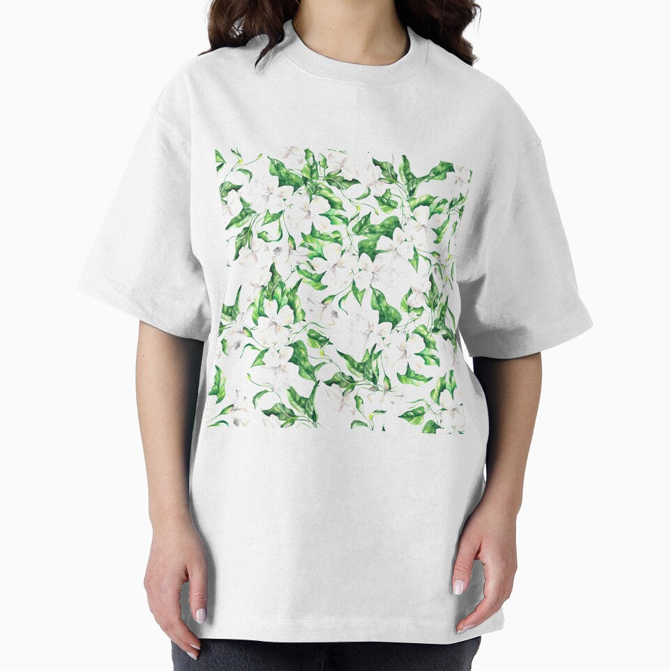 Delicate white flowers, botanical watercolour, green leaves, white flowers pattern, botanical pattern, greenery pattern, by tet-er