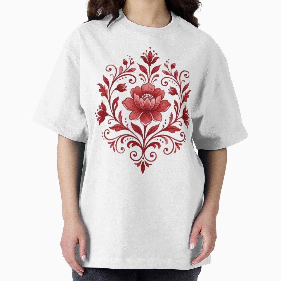 Red floral motif on white background by DoneAndDusted