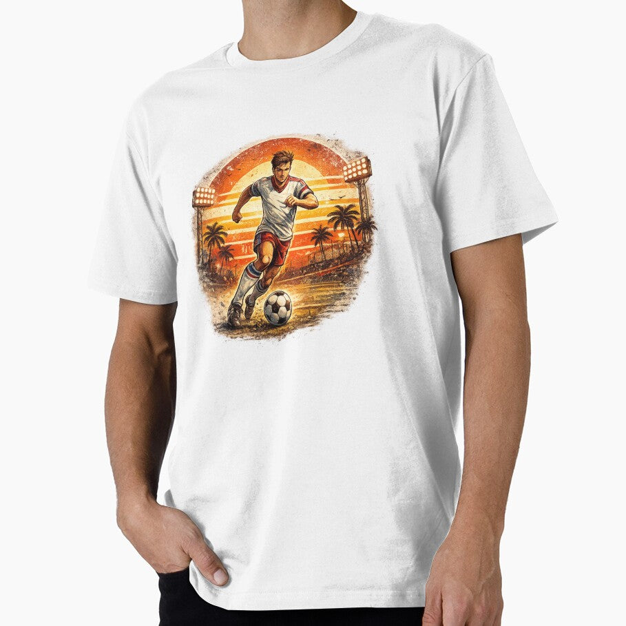 Retro Soccer Player Dribbling Stadium Sunset – Vintage Comic Football Art | Soccer Player Gift by irfanshikh