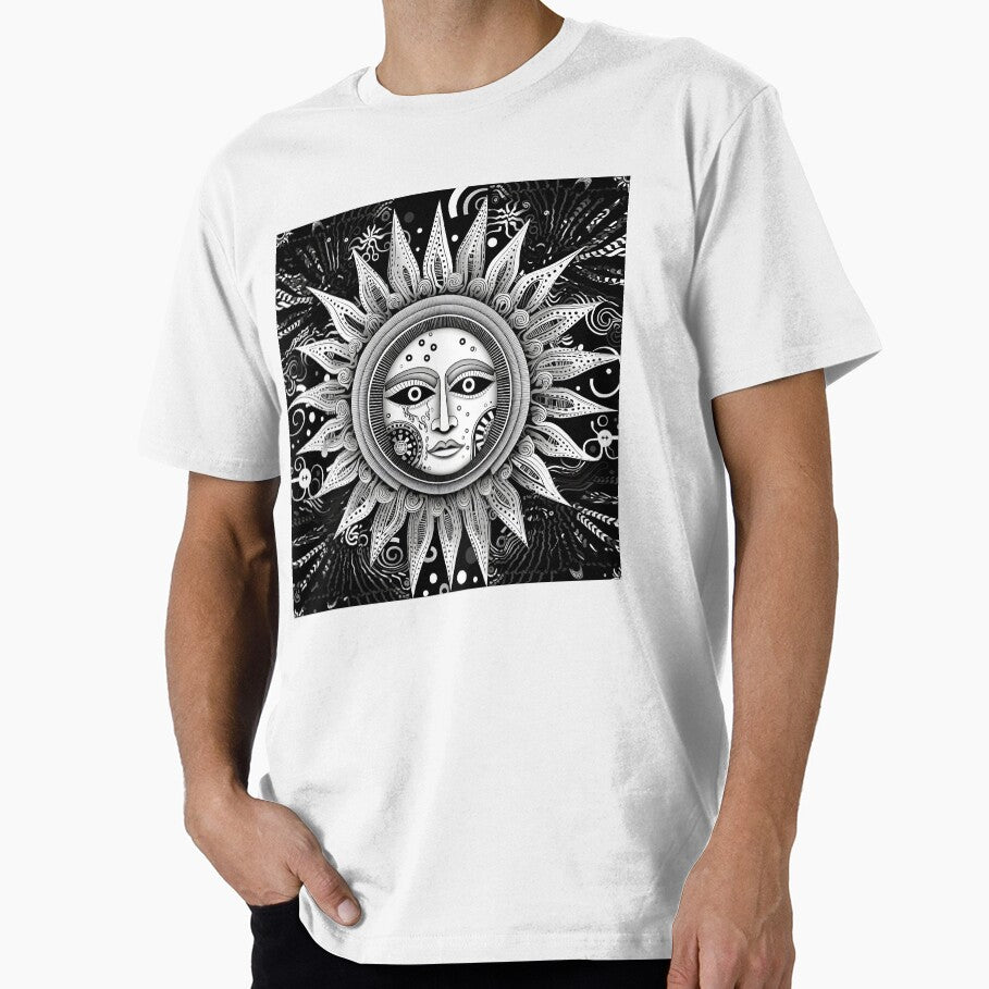 ENGRAVING OF A STYLIZED SUN IN BLACK AND WHITE. by infinitearte