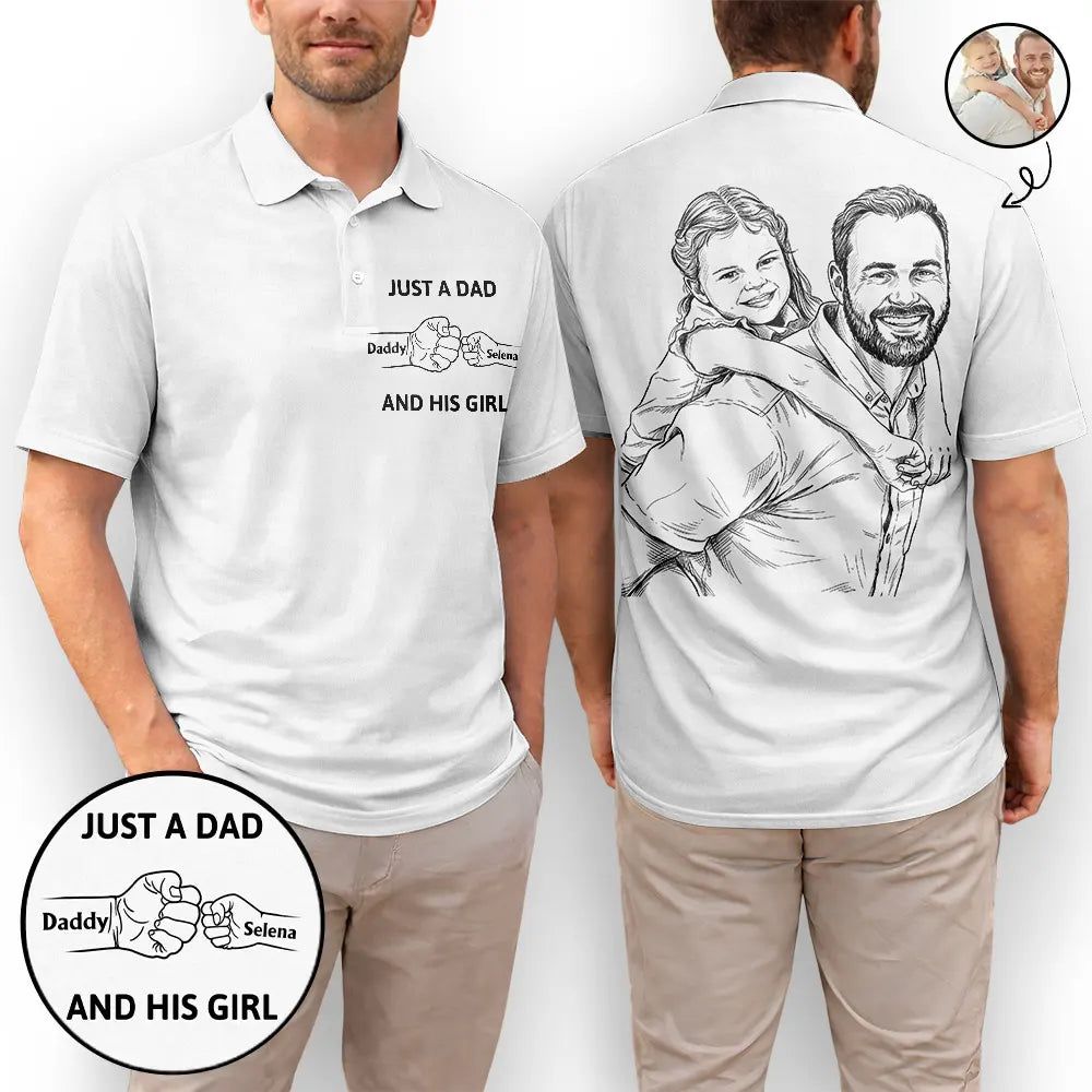 Custom Photo Pencil Sketch Just A Dad And His Girl - Personalized Polo Shirt