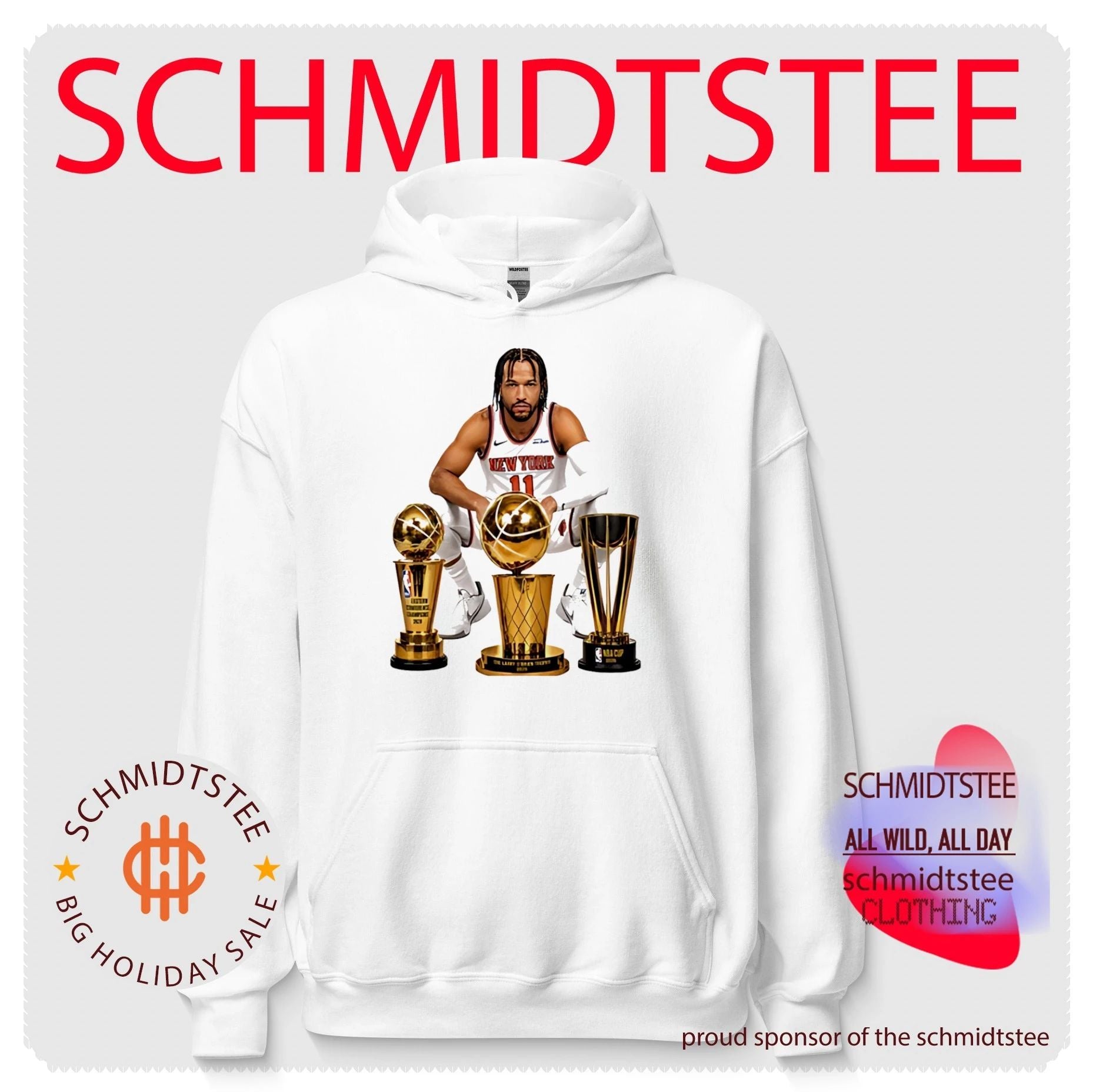 New York Knicks Jalen Brunson sitting beside trophis shirt