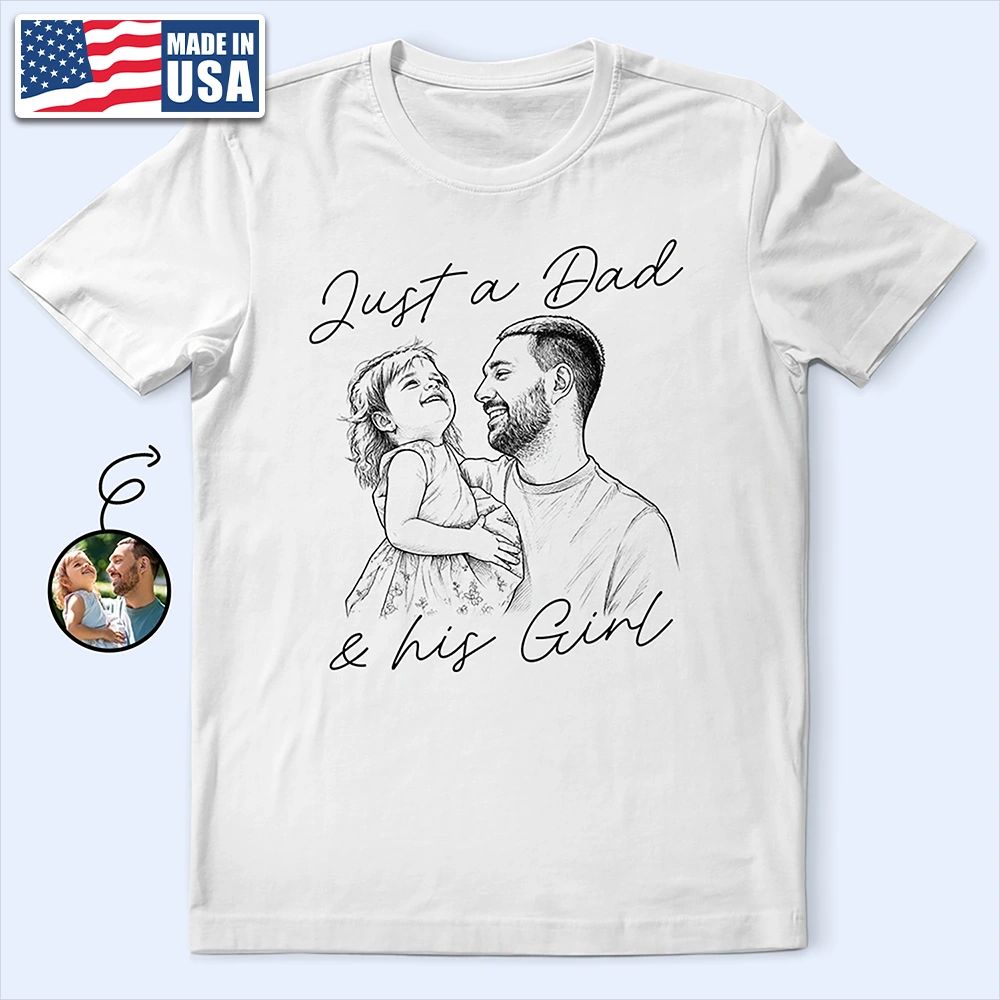 Custom Photo Pencil Sketch Just A Dad And His Girl Boy - Personalized T Shirt