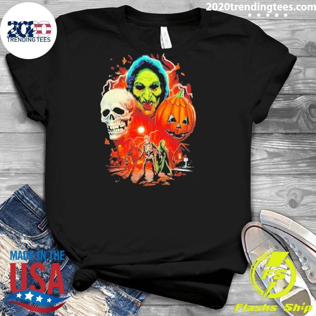 Halloween Mischief Silver Skull And Pumpkin Shirt