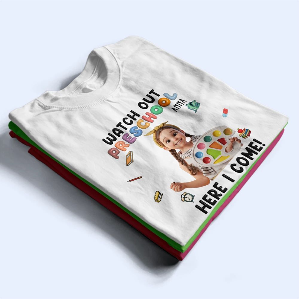 Custom Photo Cartoon Portrait Watch Out Kindergarten Here I Come - Personalized T Shirt