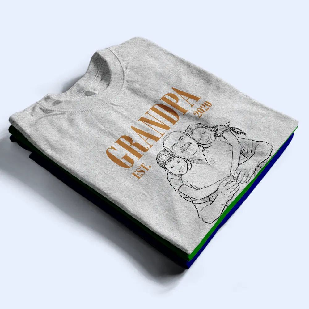 Custom Photo White Pencil Sketch Art Daddy Grandpa Est Year - Personalized T Shirt