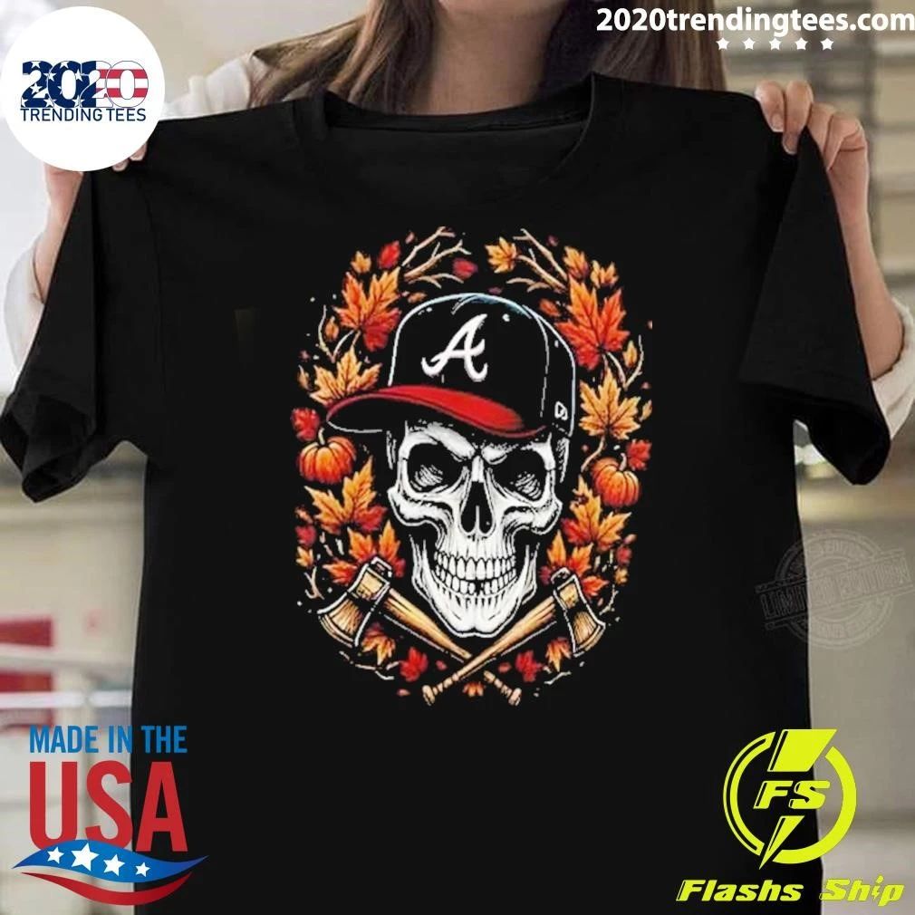 Atlanta Braves Maple Leaves Skull crossed Bats Baseballs Halloween Shirt