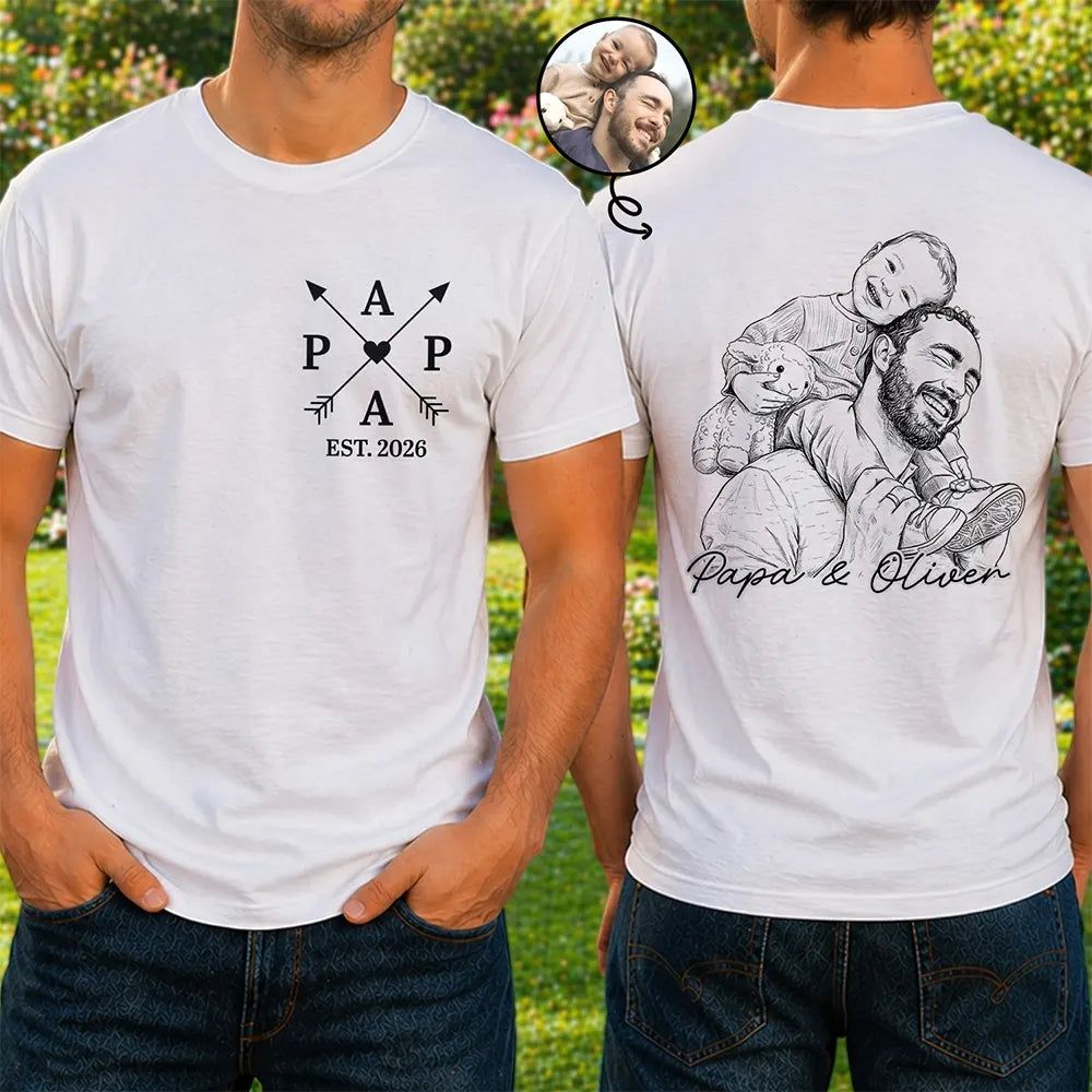 Custom Photo Pencil Sketch Papa Baby New Dad Matching Shirt - Personalized T Shirt