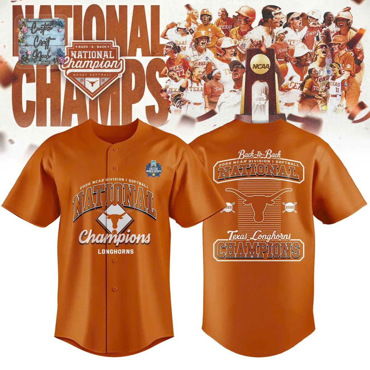 Texas Longhorns 2026 NCAA Softball National Champions Back to Back Commemorative Baseball Jersey