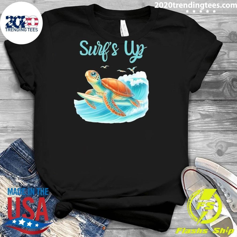 Surf’s Up Turtle Riding Surfboard On Big Wave Shirt
