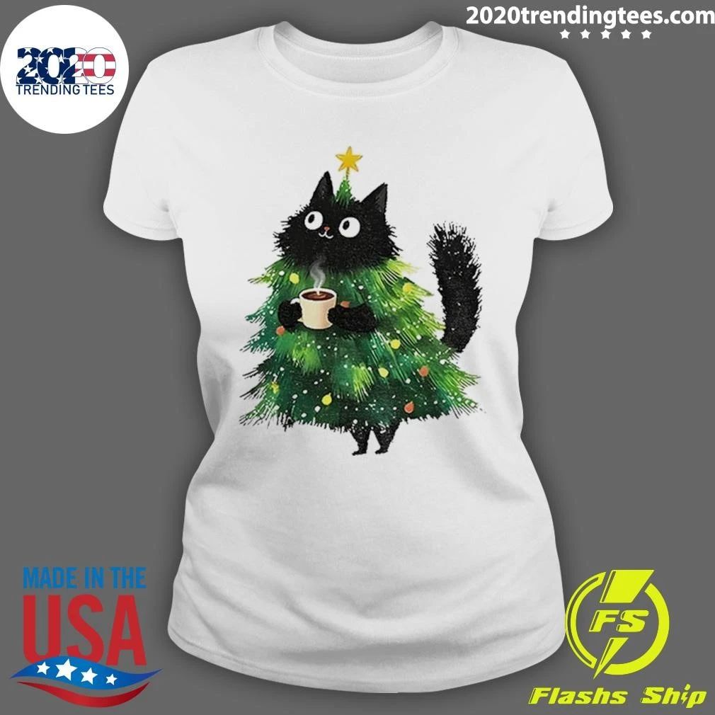 Black Cat Christmas Tree Holding Hot Coffee Shirt